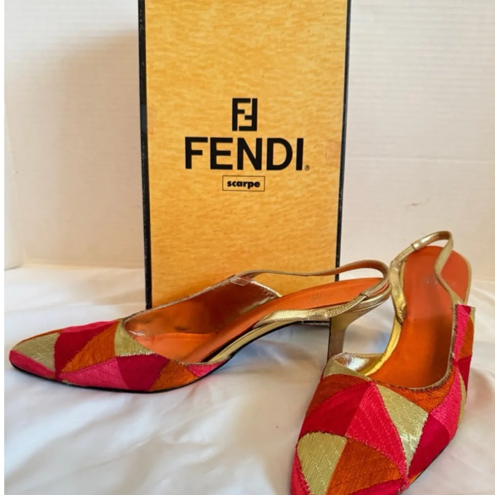Vintage Fendi Nappa Lamé Metallic Multicolor Geometric Slingback Pump Heel 10M - Picture 11 of 11